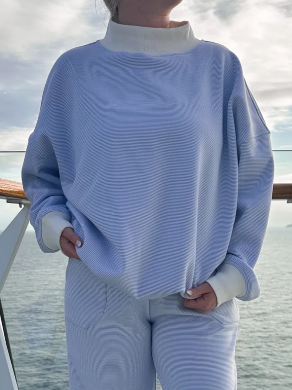 Sunkissed Coconut Blue White Mini Striped Mockneck Sweatshirt Size L Oversized